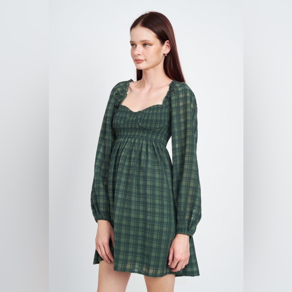 Forest Green Plaid Smocked Babydoll Dress - Long Sleeve